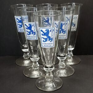 Set of 6 Lowenbrau Munich Steamed Pilsner Beer Glass Mint 7.5" Tall Vtg Barware
